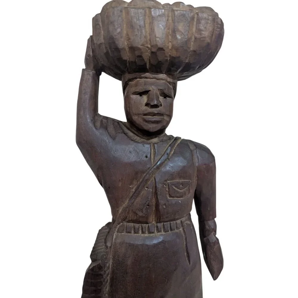 Vintage 1960s Hand Carved‎ Gum Wood Statue Market Woman Basket Head Folk Art